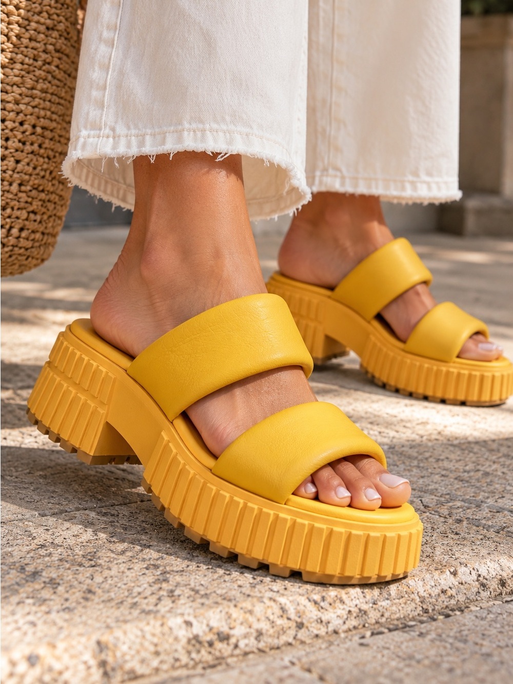 SOREL Ona Streetworks Slide Mid Platform Sandals in Bright Yellow | 7.5